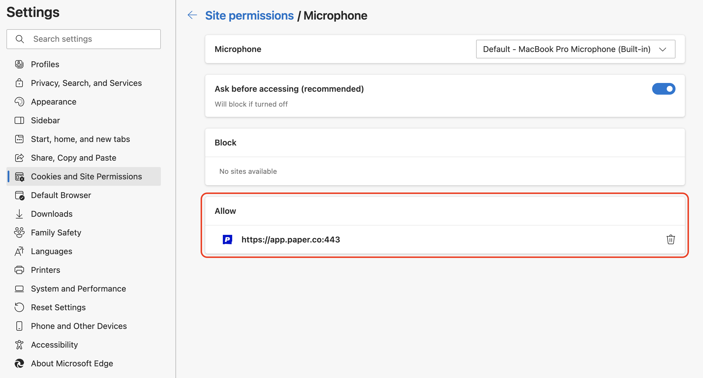 How to update audio permissions in MS Edge? Paper